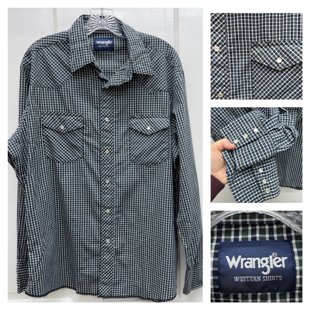Wrangler Plaid Pearl Snap Western Shirt Mens Large Green Blue Long Sleeve